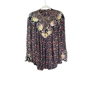Free‎ People Womens wild flower Boho Hippie Button Rouched Blouse XS